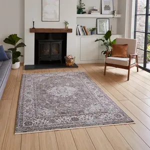 Grey Traditional Abstract Bordered 10mm Thick Rug For Bedroom, Dining Room, Easy to Clean Abstract Rug-120cm X 170cm