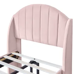 Double Bed-4ft6(135x190cm),with Slatted Frame and Headboard, Youth Bed, Wooden Slatted Support, Easy Assembly, Velvet, Pink 