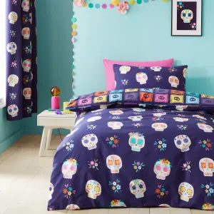 Catherine Lansfield Sugar Skull Fiesta Reversible Duvet Cover Set with Pillowcase Purple