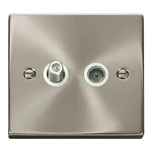 Satin / Brushed Chrome Satellite & Coaxial Socket 1 Gang - White Trim - SE Home