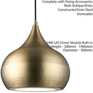 LED Ceiling Pendant Light 18W Cool White Bulb Matt Brass Hanging Dome Shade