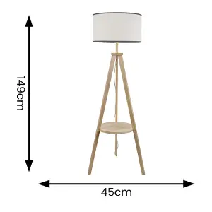 ValueLights Morrigan Wooden Tripod Floor Lamp with Linen Black Trim Drum Shade and LED Bulb