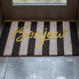 Printed Natural Coir Door Mat Novelty Stripy Bonjour Decorative Heavy Duty Entrance Mat 45cm x 75cm Indoor / Sheltered Outdoor Use