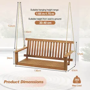 Costway Acacia Wood Porch Swing 2-Person Outdoor Patio Hanging Chair w/ Backrest