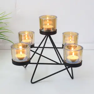 Tea Light Holder 5pc Amber Candle Jars with Metal Tealight Wooden Stand Decor