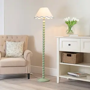 ValueLights Bobbles Sage Green Bobbin Floor Lamp with Blue Trim Scallop Shade