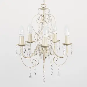 ValueLights Lille Cream Ornate Vintage Style Shabby Chic 5 Way Ceiling Light Chandelier with Acrylic Jewels