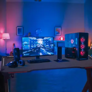 Gaming Desk RGB Lighting with Cup Holder and Headphone Hook