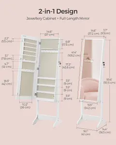 SONGMICS Mirror Jewellery Cabinet Armoire, Full-Length Mirror, Lockable Jewellery Organiser, White Surface and Beige Lining