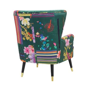 Fabric Green Patchwork Victoria Accent Wingback Chair