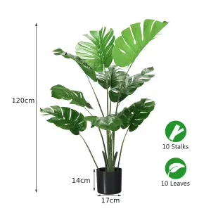 Costway 120cm Artificial Monstera Deliciosa Tree Faux Tree W/ 10 Leaves & Cement Pot