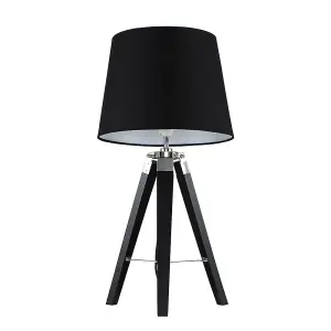 ValueLights Clipper Modern Black Wood and Silver Chrome Tripod Table Lamp with Black Light Shade