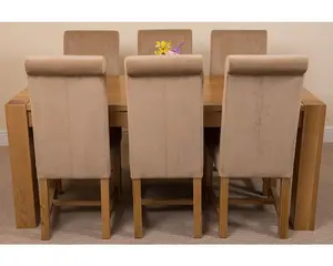 Kuba 180 x 90 cm Chunky Oak Dining Table and 6 Chairs Dining Set with Washington Beige Fabric Chairs