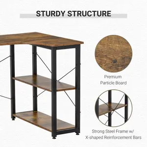 HOMCOM L-Shaped Computer Desk Study Workstation with 2 Shelves, Steel Frame