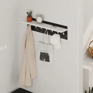 Decortie Modern 7 Hooks Wall Mounted Popy Hanger with Floating Shelf Laser-cut Metal Surface White