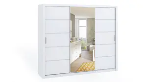 Bono Sliding Door Wardrobe with Centre Mirror - Spacious Bedroom Storage in White Matt - W2500mm x H2150mm x D620mm