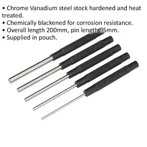 5 Piece Long Pattern Parallel Pin Punch Set - 200mm Length - Hardened & Treated