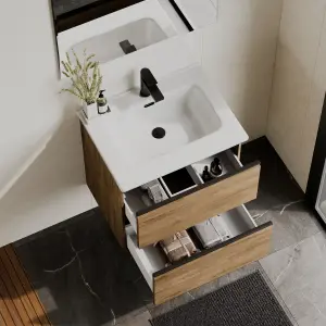 Banyetti Akiro 600mm Wall Hung Basin Unit with Matt Black Handles - Walnut