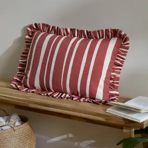 furn. Carmon Stripe Ruffle Linen/Red Polyester Filled Cushion, 40 x 60cm