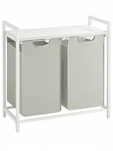 VASAGLE Double-Bin Laundry Hamper, Clothes Basket, Pull-Out Linen Bags, Sorting Rack, Metal Frame, White