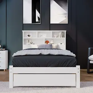 Bed with Shelves, White Wooden Storage Bed, Underbed Drawer - 3FT Single (90 x 190 cm)