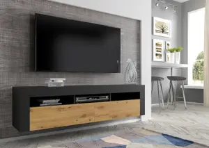 MORENO 160 TV Cabinet - Black Matte/Artisan Oak, Versatile Wall Mountable or Free-Standing Unit - 350mm x 410/430mm x 1600mm