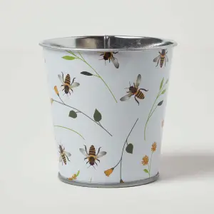 HOMESCAPES Set of 3 Green and White Indoor Plant Pots with Floral Bee Design