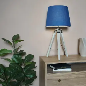 ValueLights Clipper Modern Distressed Wood and Silver Chrome Tripod Table Lamp with Navy Blue Light Shade