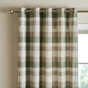 Catherine Lansfield Brushed Cotton Thermal Check 90x90 Inch Lined Eyelet Curtains Two Panels Green