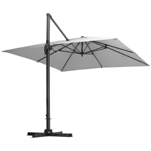 3M Large Square Canopy Rotatable Tilting Garden Rome Umbrella Cantilever Parasol With Fan Shaped Base, Light Grey