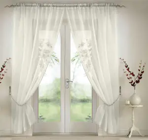 Elegant Plain Voile Curtain Panels PAIR with FREE Tie Backs 150cm x 229cm Ivory