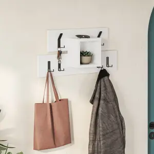 Decortie Lumina Modern Wall-Mounted Coat Rack, Wall Hanger with 6 Metal Hooks & Open Shelf Storage, (W)68 x (D)14.80cm, White