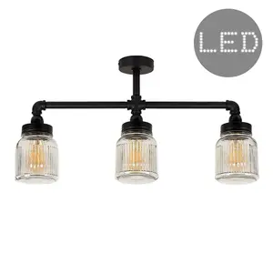 ValueLights Luiggi Satin Black 3 Way Bar Pipework Ceiling Light with Glass Ribbed Pattern Design Jar Shades with LED Bulbs