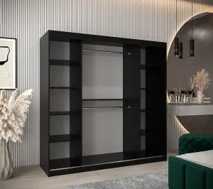 Wave Contemporary 2 Mirrored Sliding Door Wardrobe 9 Shelves 2 Rails Black Matt (H)2000mm (W)2000mm (D)620mm