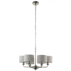 Haywood Brushed Chrome with Natural Linen Shades Classic Modern 6 Light Ceiling Pendant