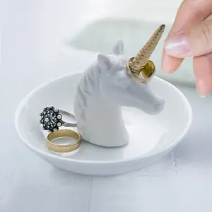 White Unicorn Gold Horn Ring Holder Jewellery Tray Ceramic