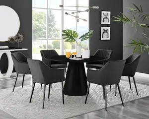 Furniturebox UK Palma Black Semi Gloss Round Pedestal Dining Table & 6 Black Velvet Calla Black Leg Chairs