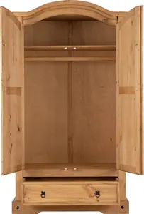 Corona 2 Door 1 Drawer Wardrobe in Distressed Waxed Pine