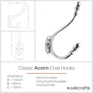 Oakcrafts - Acorn Design Coat Hook in Polished Chrome Finish - 130mm - Pack of 5 Hooks