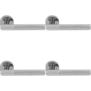 4 PACK - Luxury Knurled Door Handle Set - Polished Chrome Angled Lever on Round Rose