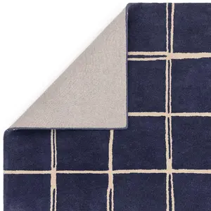 Blue Chequered Wool Modern Shaggy Handmade Rug For Living Room Bedroom & Dining Room-120cm X 170cm