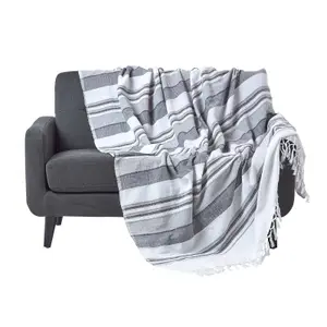 Homescapes Cotton Morocco Striped Monochrome Throw, 150 x 200 cm