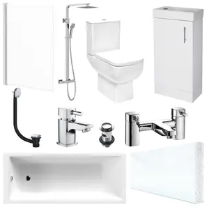 Bubly Bathrooms™ 400mm Vanity Unit 1700mm Bath and Close Coupled WC Toilet Set Chrome Thermostatic Shower Kit & Chrome Tap Set