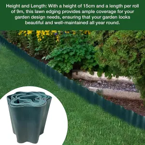 9 Metres Green Flexible Plastic Lawn Edging Durable, Weatherproof, and Frost-Resistant  15cm Height