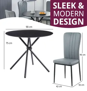 Hallowood Furniture Cullompton Small Black Round Dining Table 90cm with 4 Light Grey Faux Leather Chairs