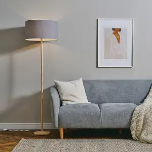 ValueLights Triston Single Stem Natural Light Wood Floor Lamp with Dark Grey Drum Shade