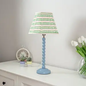 ValueLights Bobbles Powder Blue Bobbin Table Lamp with Pink Aztec Pleated Shade