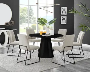 Furniturebox UK Palma Black Semi-Gloss Round Pedestal Dining Table & 6 Taupe Fabric Halley Black Leg Chairs