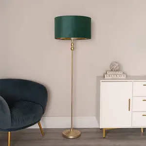 ValueLights Maggie Gold Candlestick Floor Lamp with Forest Green Velvet with Gold Inner Lamp Shade and LED Bulb