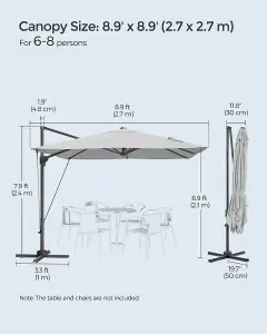 SONGMICS Cantilever Garden Parasol, Parasol Outdoor Patio Umbrella, Swivel, Seamless Tilt, Crank, with Cross Base, Dove Grey